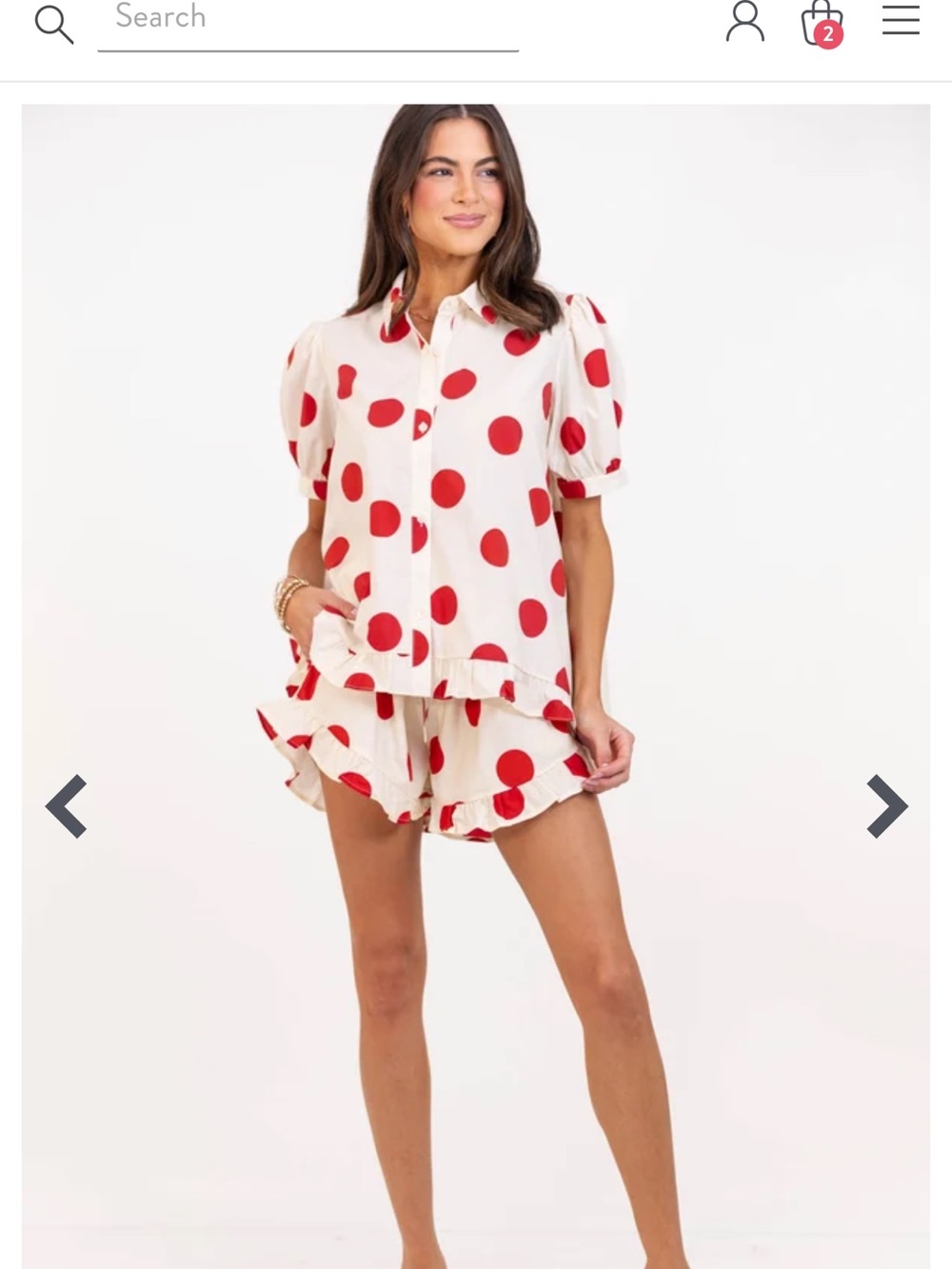 Peach Love California Cream Shorts with Red Polka Dots and Ruffle Hem